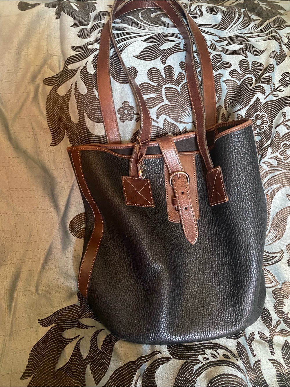 Dooney & Bourke Black Pebbled Leather Messenger with Brown Trim